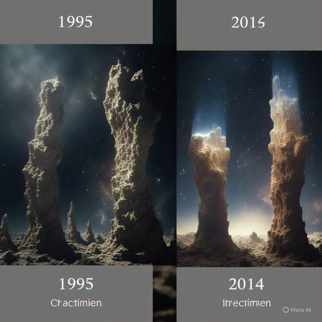 Side-by-side comparison of the Pillars of Creation captured by Hubble in 1995 and the enhanced version in 2014, showing sharper detail and improved contrast.
