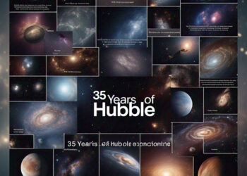 Hubble Space Telescope in Earth’s orbit with stars and galaxies in the background, celebrating 35 years of discoveries
