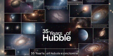 Hubble Space Telescope in Earth’s orbit with stars and galaxies in the background, celebrating 35 years of discoveries