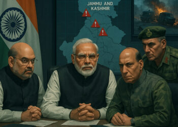 Illustration of Indian Prime Minister Narendra Modi, Home Minister Amit Shah, Defence Minister Rajnath Singh, and a senior Indian Army general in a tense emergency meeting after the Pahalgam terror attack 2025. The background features the Indian national flag, a digital map of Jammu and Kashmir marked with red alert symbols, and a screen showing burning military convoy wreckage. Cold lighting and digital strategy screens enhance the urgent atmosphere. A news-style headline at the bottom reads: “India Responds: Aftermath of Pahalgam Terror Attack