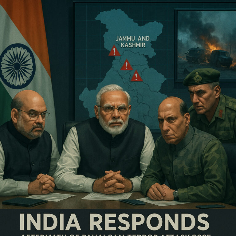 Illustration of Indian Prime Minister Narendra Modi, Home Minister Amit Shah, Defence Minister Rajnath Singh, and a senior Indian Army general in a tense emergency meeting after the Pahalgam terror attack 2025. The background features the Indian national flag, a digital map of Jammu and Kashmir marked with red alert symbols, and a screen showing burning military convoy wreckage. Cold lighting and digital strategy screens enhance the urgent atmosphere. A news-style headline at the bottom reads: “India Responds: Aftermath of Pahalgam Terror Attack