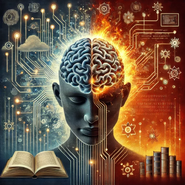 Digital artwork symbolizing the curse of ChatGPT, showing a human brain connected to AI circuits, half glowing with ideas and half dissolving into code, contrasting creativity and technology.
