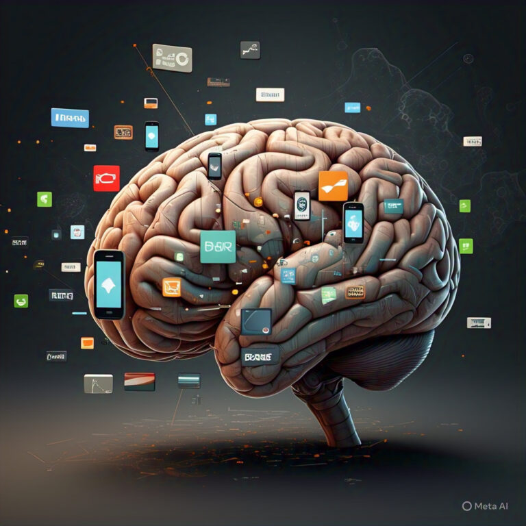 Brain illustration showing smartphone apps overwhelming the mind, symbolizing brain rot and screen overload from excessive digital consumption.