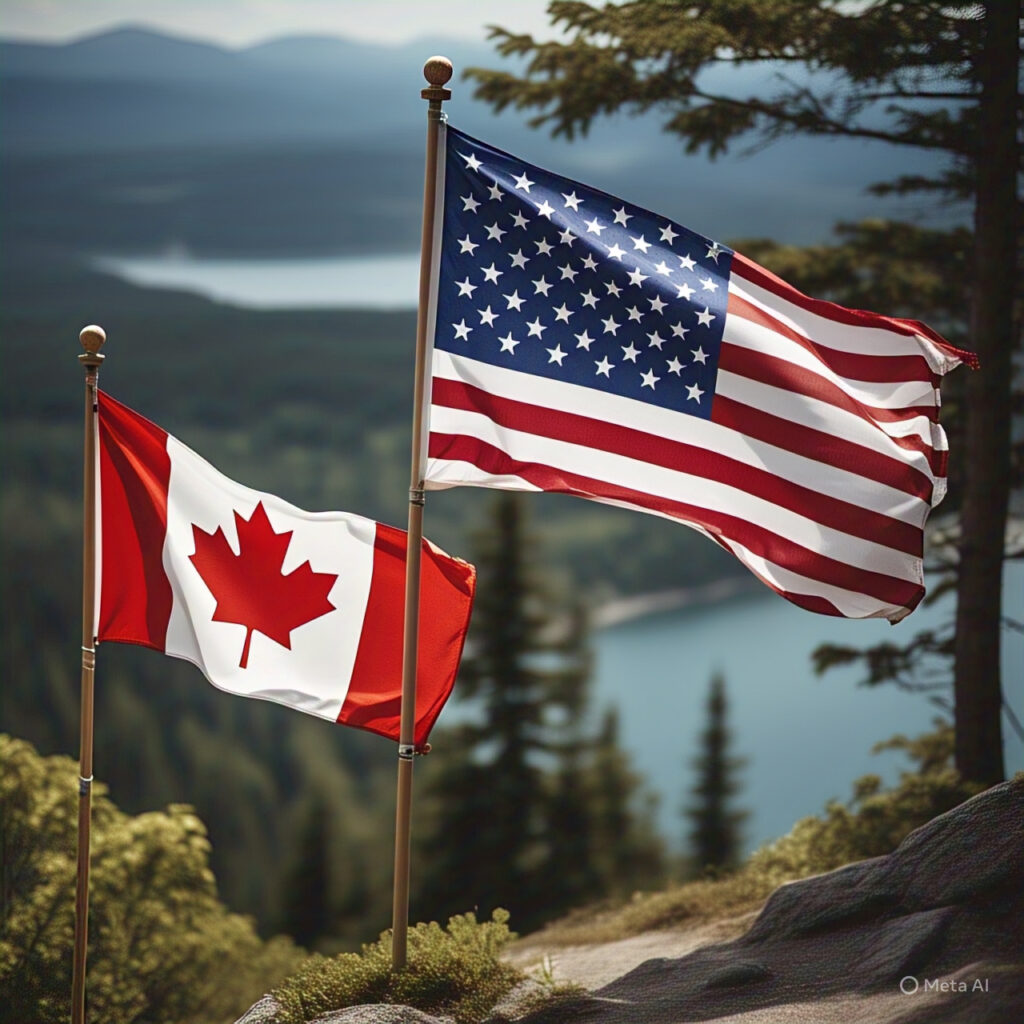 A symbolic representation of Canada-U.S. relations, highlighting the dynamic and sometimes tense political and trade interactions between the two countries, with a focus on Canada's sovereignty and independence