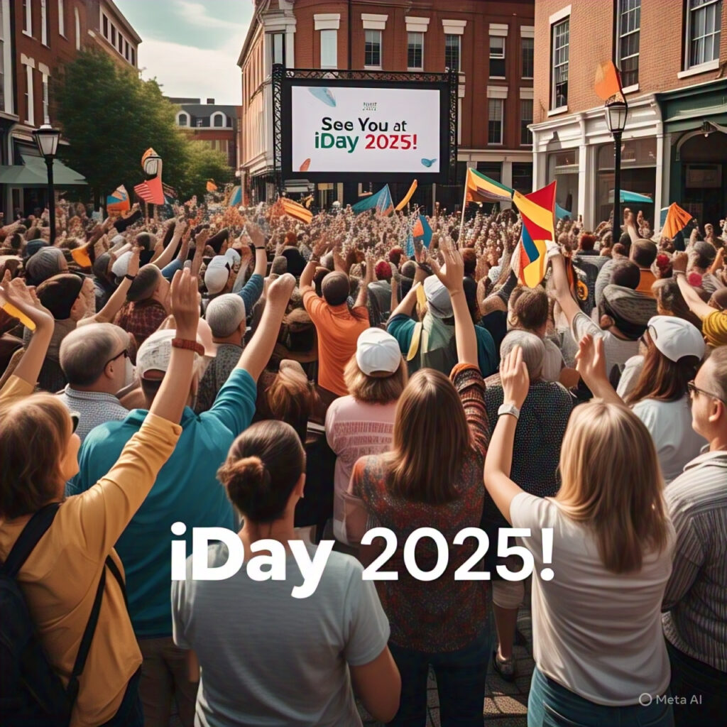 Crowd cheering with a digital India backdrop and the tagline 'See You at iDay 2025!', celebrating the excitement for India Internet Day and the digital future