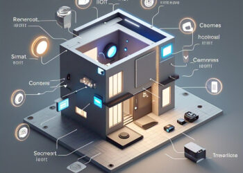 Diagram of a smart home with labeled IoT devices such as smart lights, cameras, thermostats, and security systems connected to the home Wi-Fi network, illustrating the IoT device security risks and smart home technology
