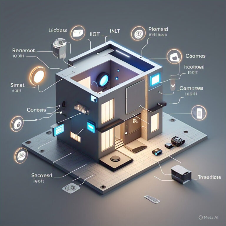 Diagram of a smart home with labeled IoT devices such as smart lights, cameras, thermostats, and security systems connected to the home Wi-Fi network, illustrating the IoT device security risks and smart home technology