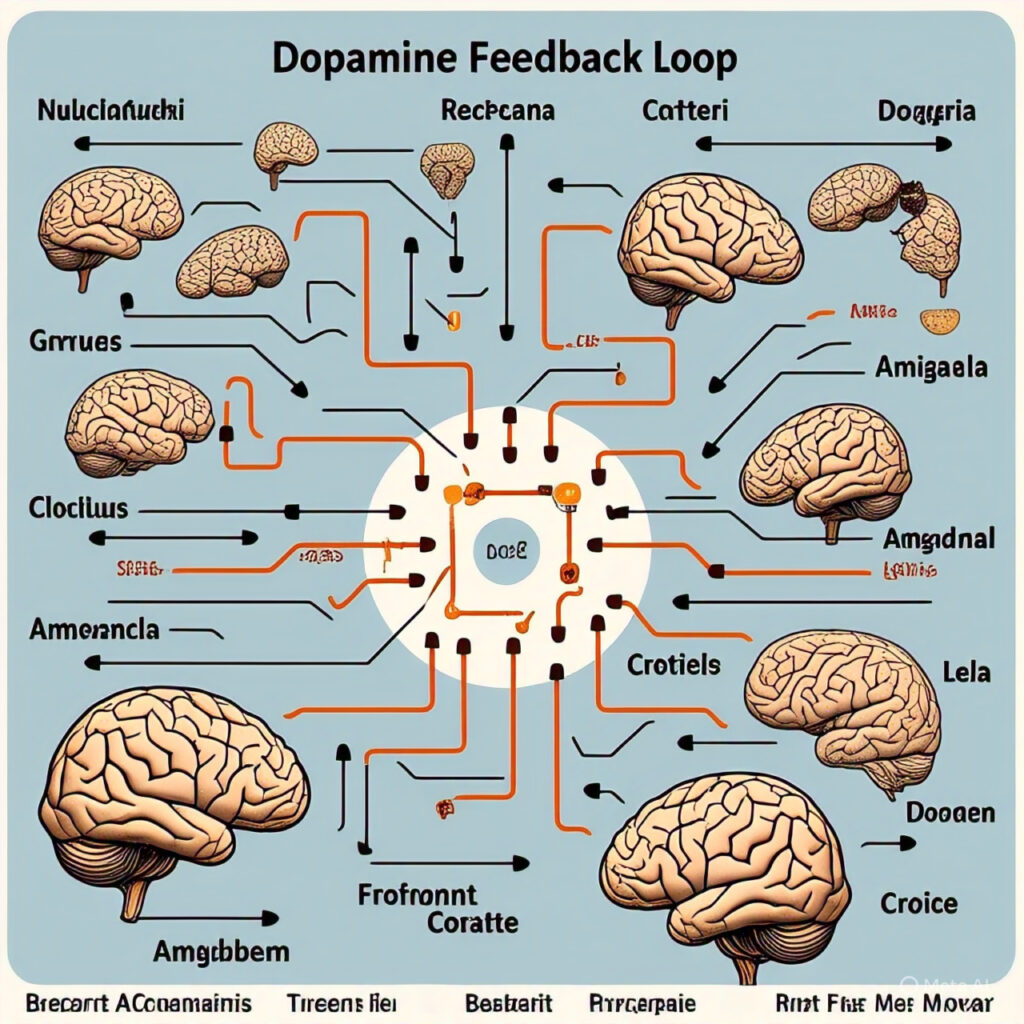Diagram illustrating the dopamine feedback loop cycle, showing how brain rot and screen overload reinforce addictive digital behaviors and impair focus