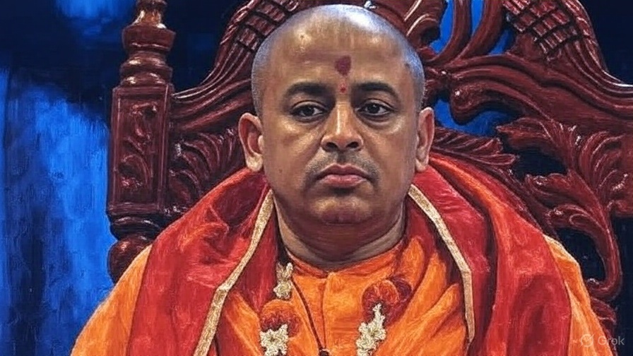 Peaceful portrait of Hindu monk Chinmoy Krishna Das meditating in a temple, symbolizing spiritual leadership and interfaith harmony