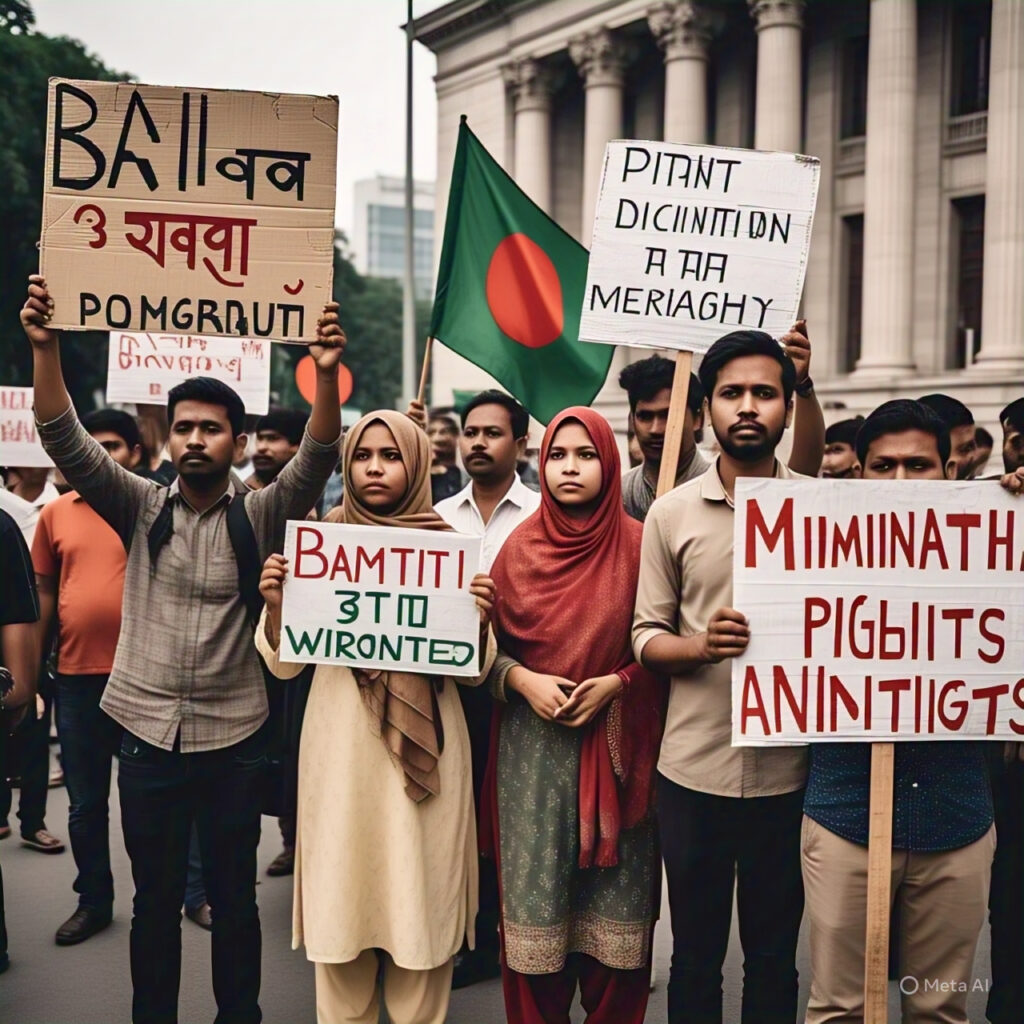 Protesters holding signs advocating for minority rights in Bangladesh, reflecting the public outcry over the Chinmoy Krishna Das bail case