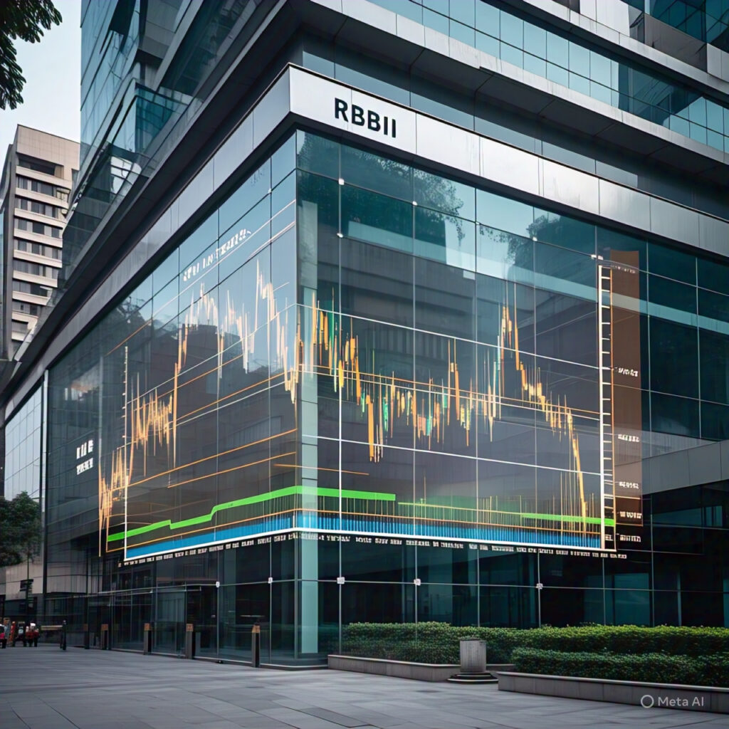RBI building with a rupee-dollar exchange rate graph overlay, symbolizing the Reserve Bank of India's role in managing currency fluctuations and maintaining stability in the Indian rupee