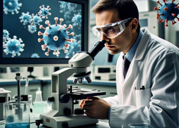 Scientist examining molecular models of the measles virus polymerase complex under a microscope