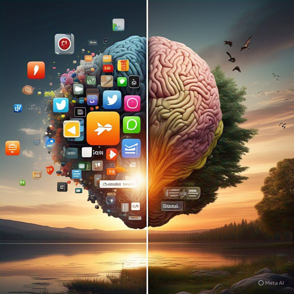 Illustration of a split brain: one side cluttered with app icons symbolizing brain rot and screen overload, and the other side serene and peaceful, symbolizing digital detox and mental clarity
