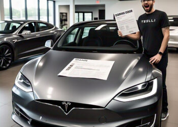 Tesla fan holding refund confirmation with a "coming soon" Tesla logo