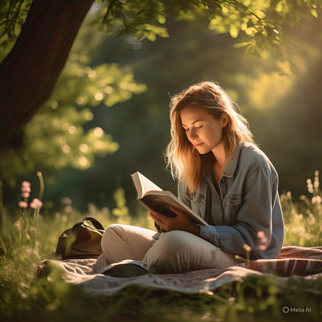 Woman enjoying peaceful reading time in nature with her phone tucked away, symbolizing recovery from Brain Rot and Screen Overload by choosing offline activities