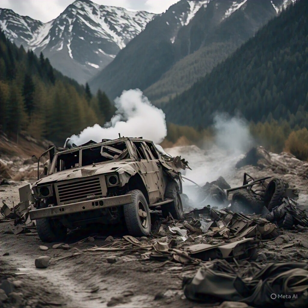 "Wreckage of Indian Army vehicle after the Pahalgam terror attack 2025 near mountainous terrain"