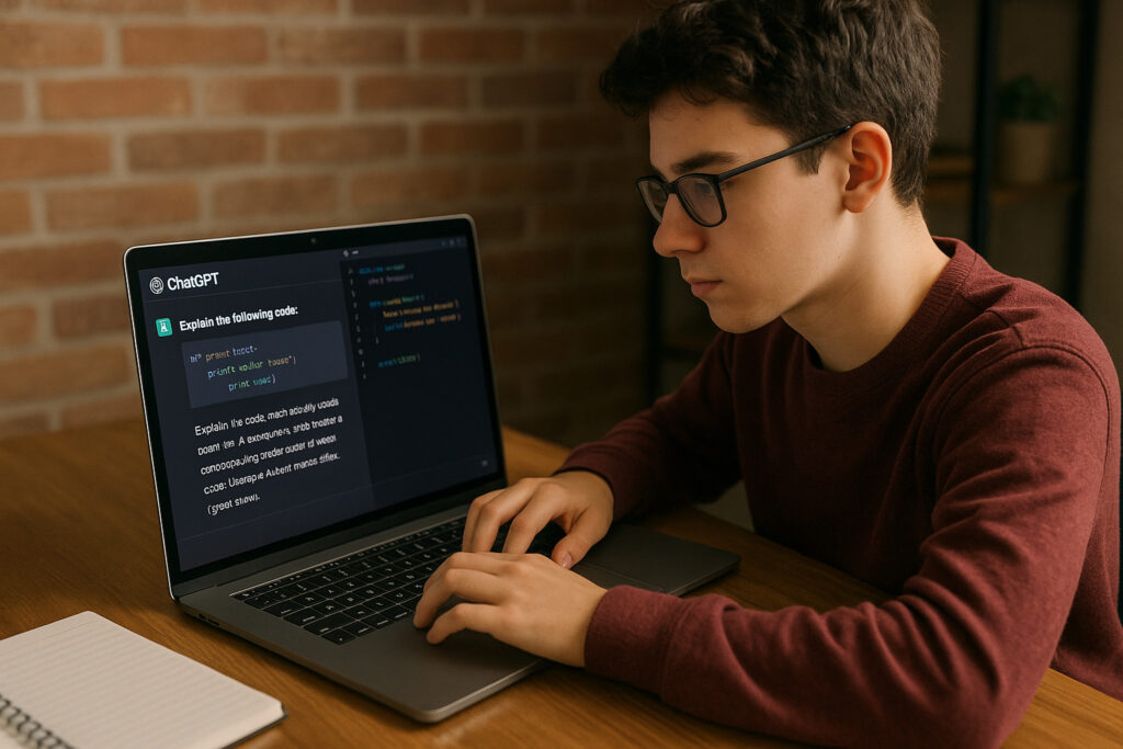 Student using ChatGPT for coding help on a laptop