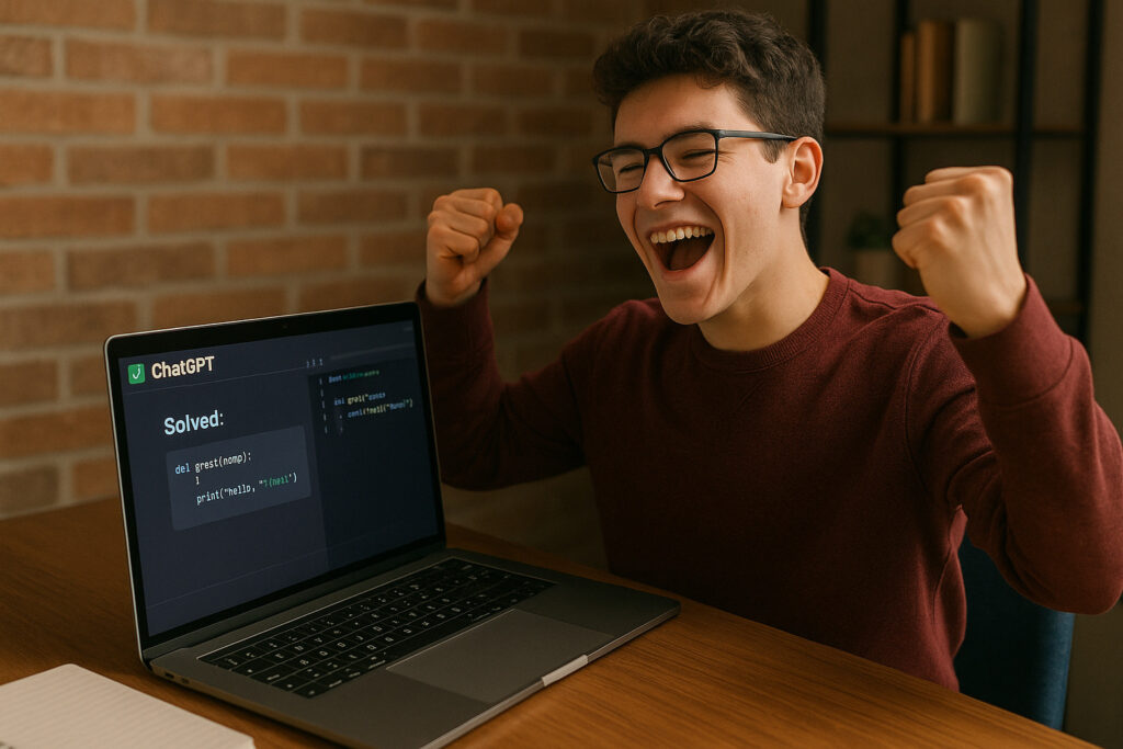 Student celebrating after solving coding homework with ChatGPT assistance