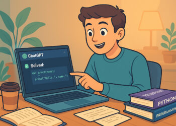 Beginner student using ChatGPT on laptop for coding help in a cozy workspace with books, code, and warm lighting