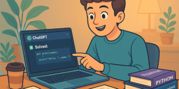 Beginner student using ChatGPT on laptop for coding help in a cozy workspace with books, code, and warm lighting