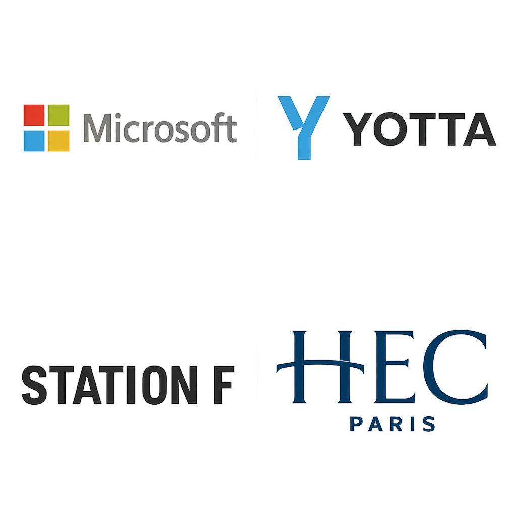 Collage of logos from Microsoft, Yotta, Station F, and HEC Paris representing global partnerships in AI development