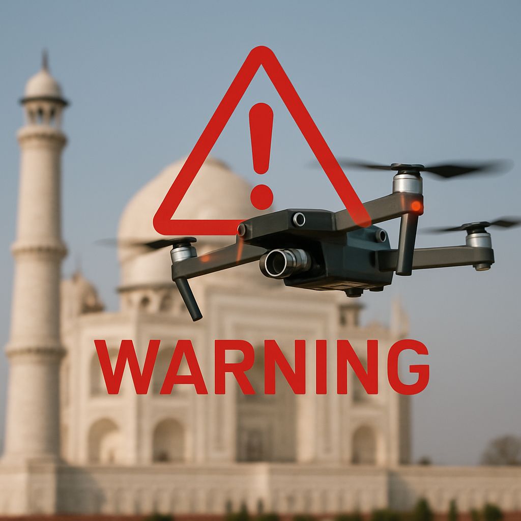Drone flying near a historical monument with a “No Drone Zone” warning overlay – Taj Mahal Anti-Drone Security