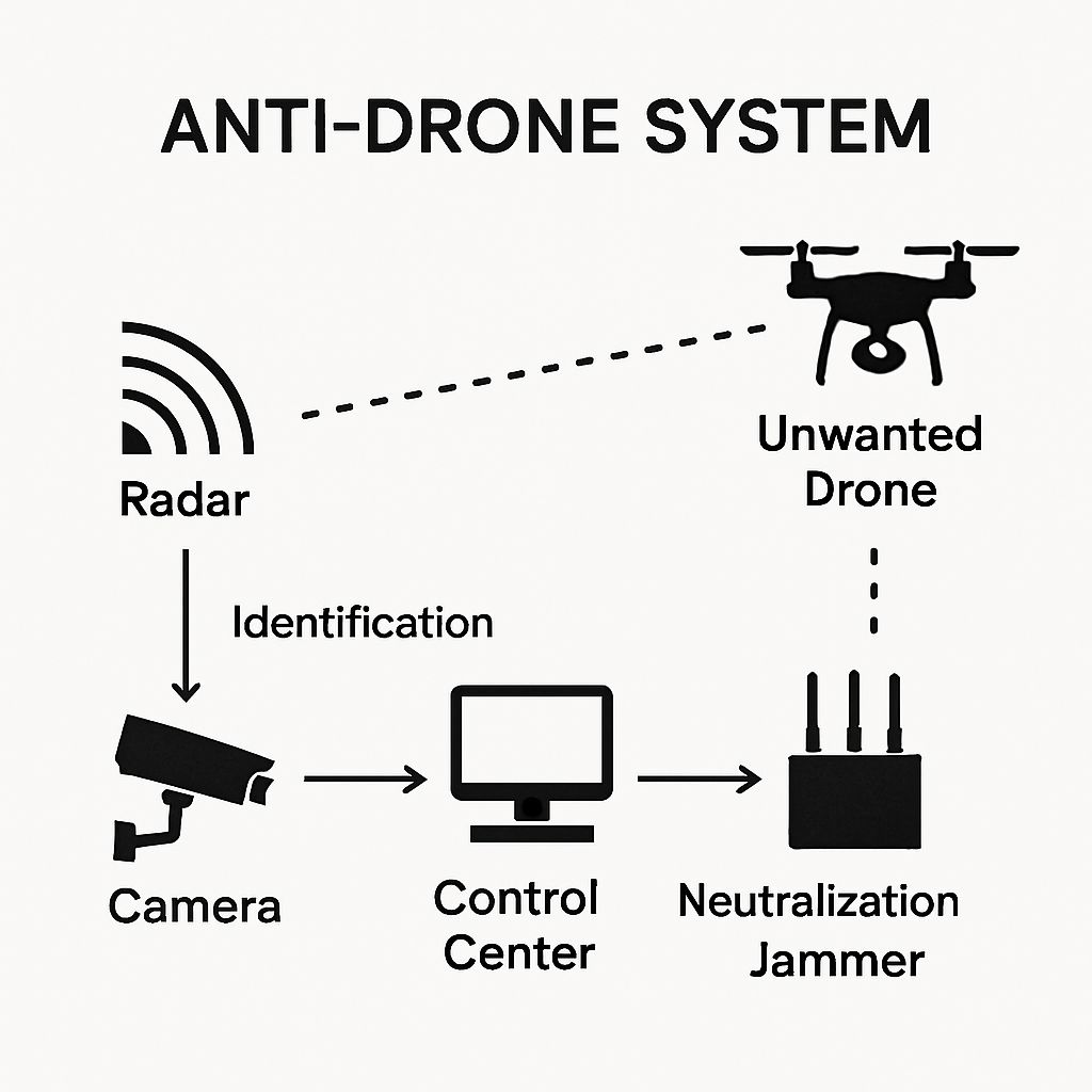 Schematic diagram showing how an anti-drone system detects, tracks, and disables unauthorized drones – Taj Mahal Anti-Drone Security