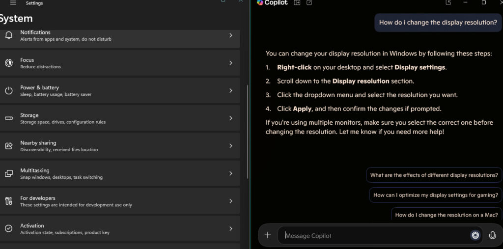 Windows 11 AI Update Settings AI agent responding to a user query in the Settings app