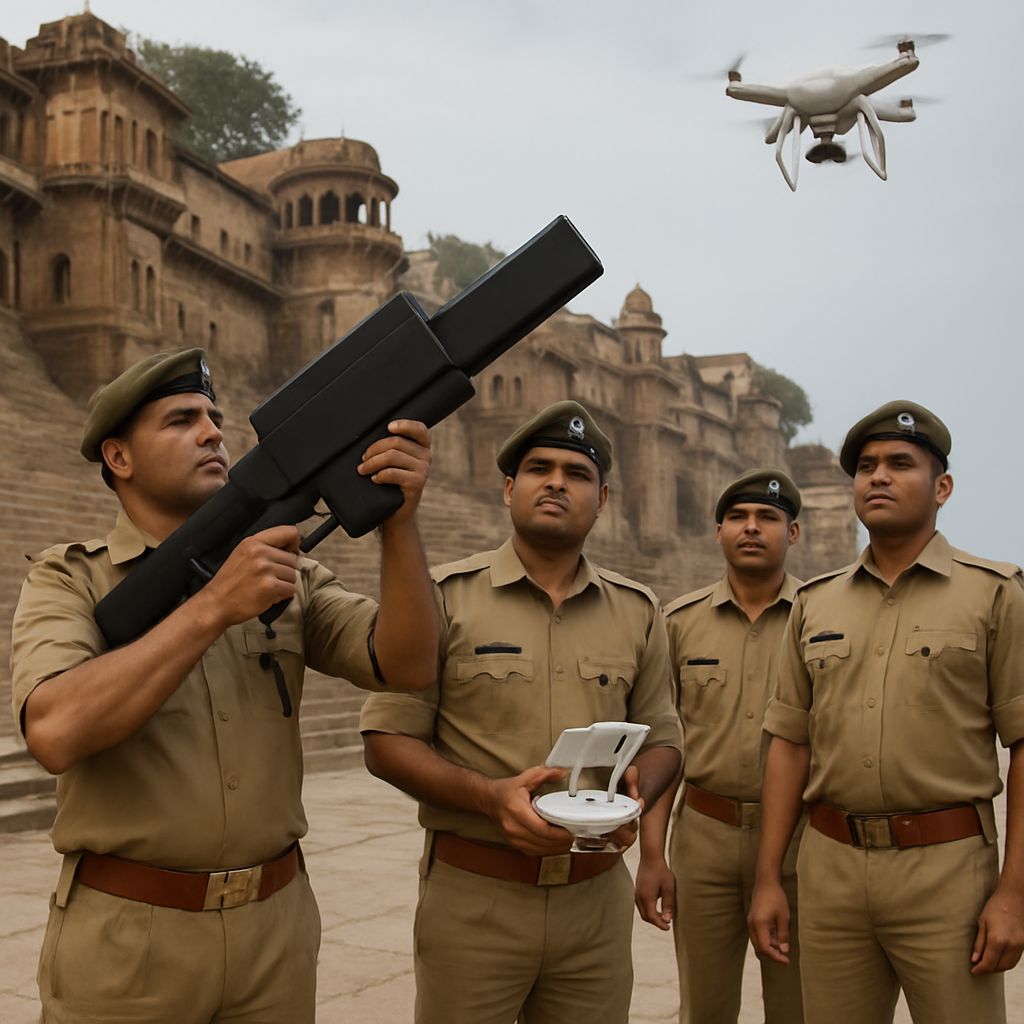 Uniformed CISF and police officers undergoing anti-drone system training at Dussehra Ghat – Taj Mahal Anti-Drone Security