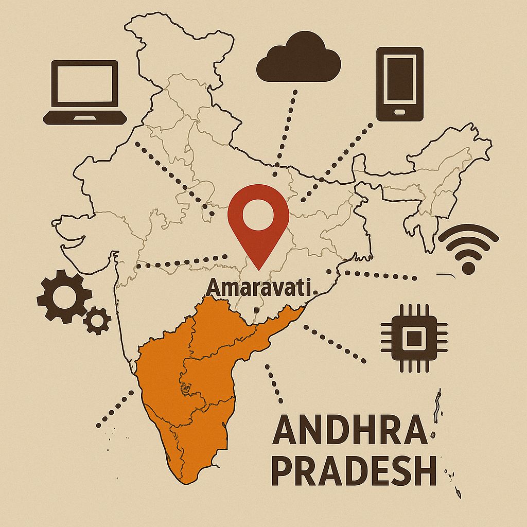 Andhra Pradesh highlighted on India map with tech icons showing Quantum Computer India progress