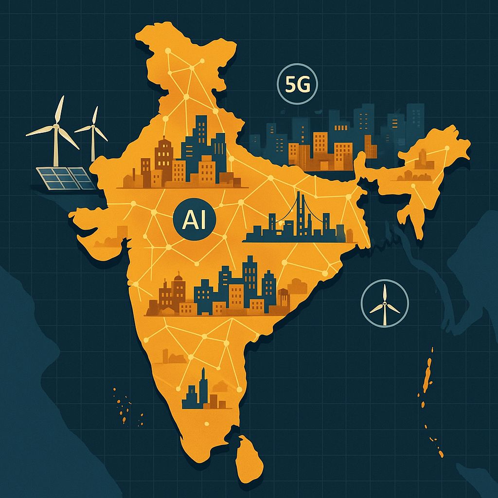 Digital map of India showcasing tech hubs, renewable energy projects, and infrastructure investments discussed by Pawar and Adani