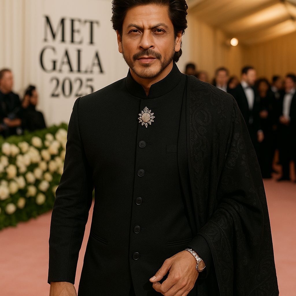 Shah Rukh Khan Met Gala Look 2025 on red carpet in black designer outfit