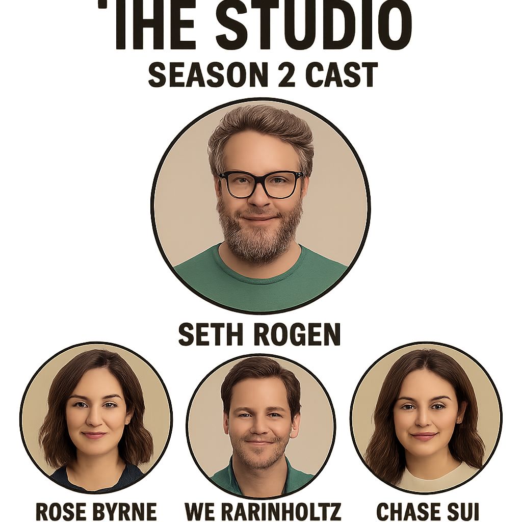 The Studio Season 2 cast infographic featuring Seth Rogen and co-stars