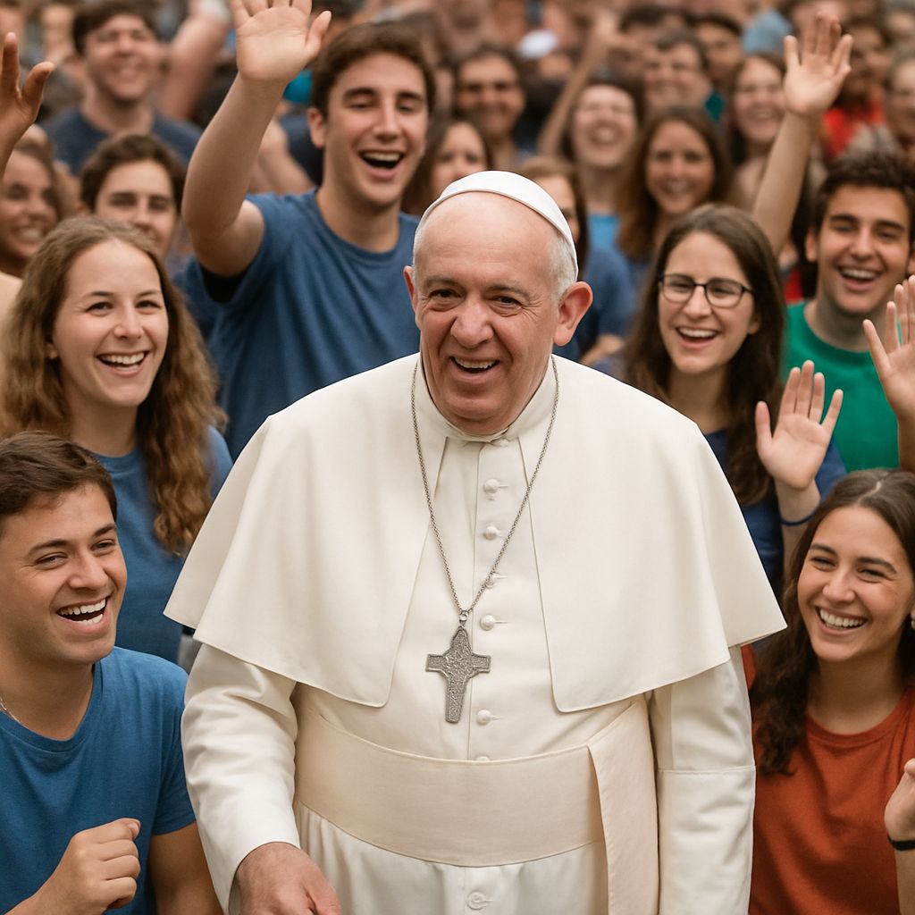 Pope Francis smiling with youth, representing his inclusive papacy before the 2025 Papal Conclave