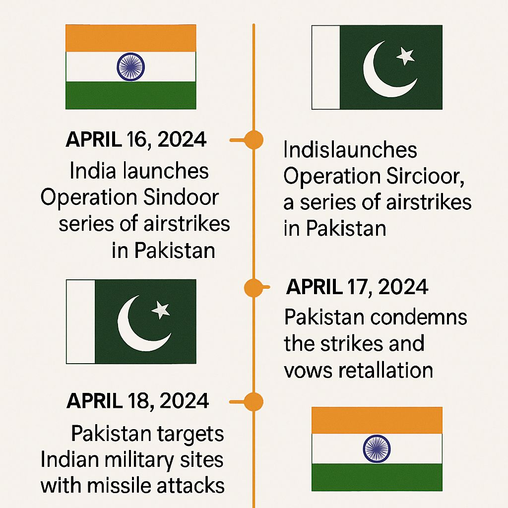 Infographic timeline of Operation Sindoor showing airstrikes, retaliation, and fallout between India and Pakistan