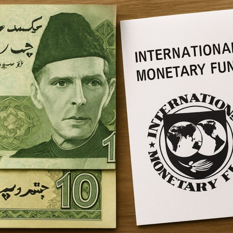 Pakistani currency alongside an official IMF document representing the financial bailout package approved in May 2025