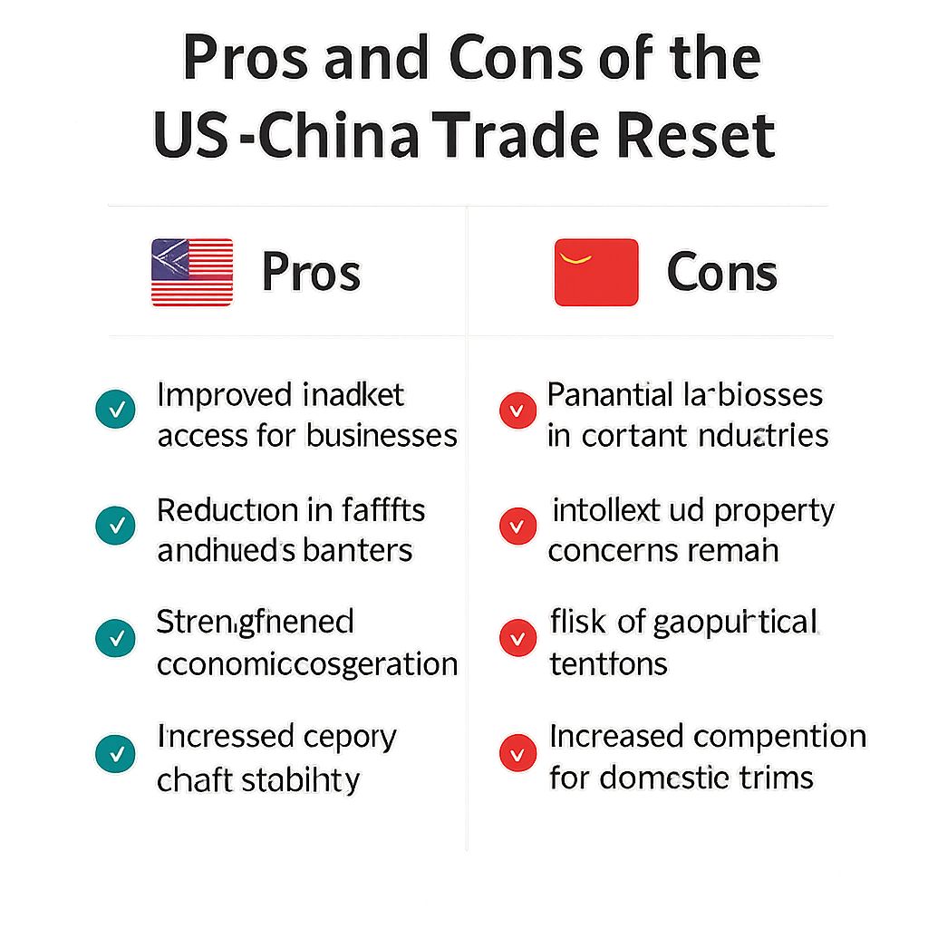 Infographic table showing Pros and Cons of US-China Trade Reset with US and China flags
