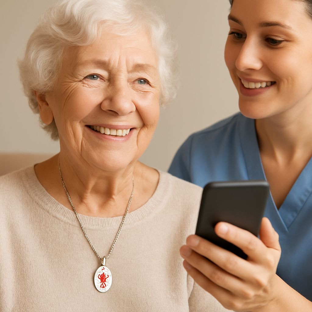 Senior citizen wearing MedicAlert pendant linked to 911 access system