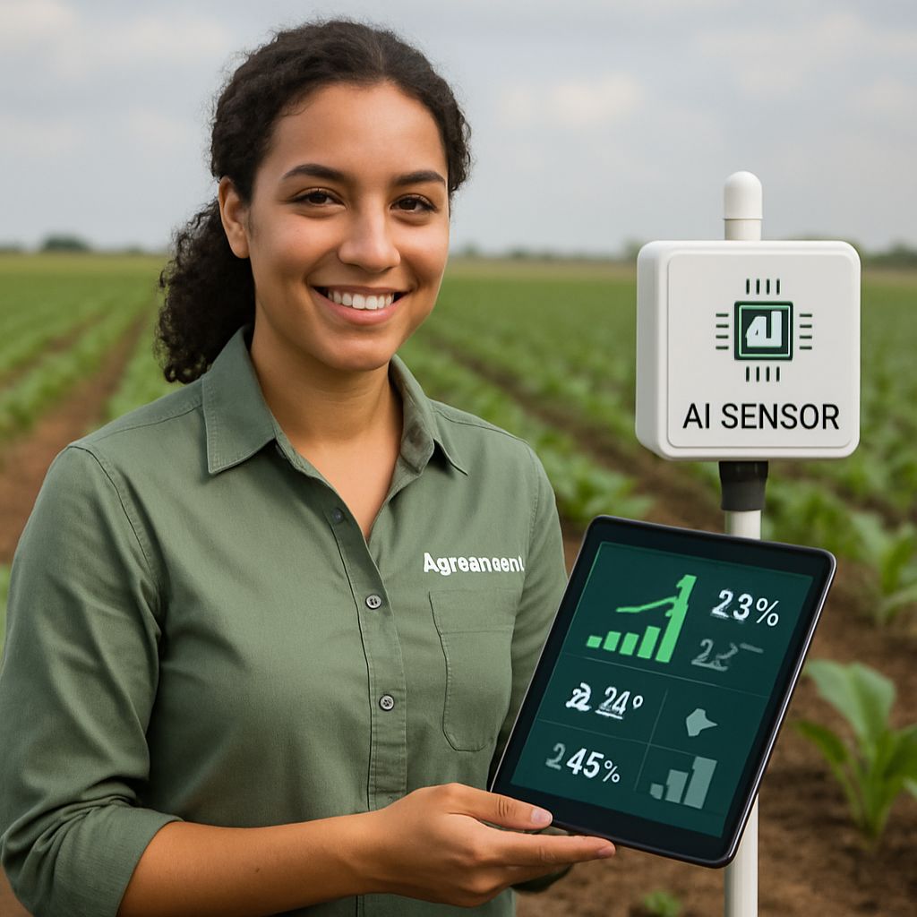 Agrosmart founder demonstrating AI sensor technology in the field with data stats