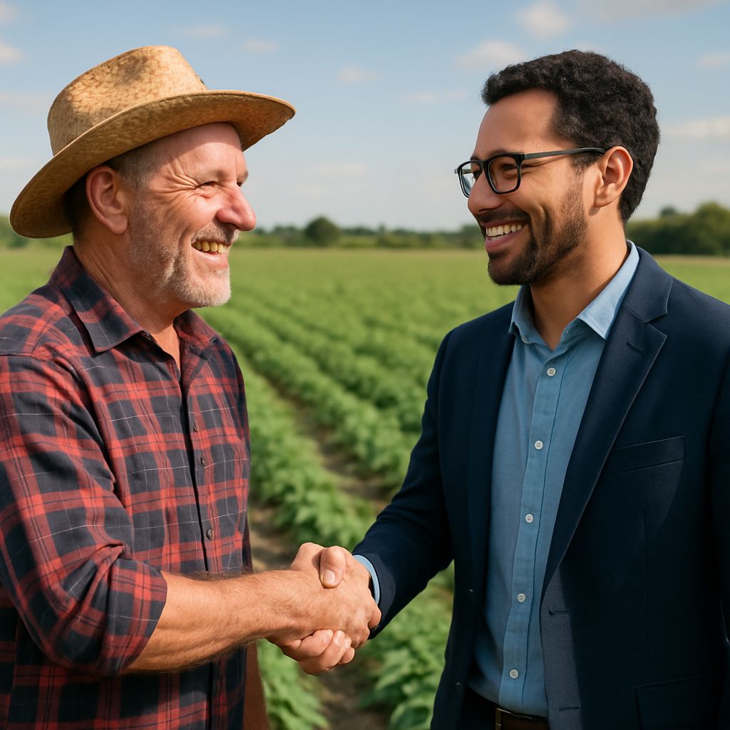 Farmer and startup founder shaking hands after successful collaboration in agriculture innovation