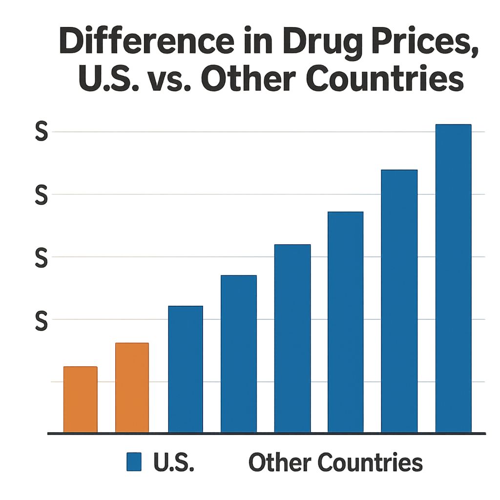 Graphic comparing prescription drug prices in the U.S. with other countries like Canada, UK, and India, highlighting how U.S. prices are significantly higher.