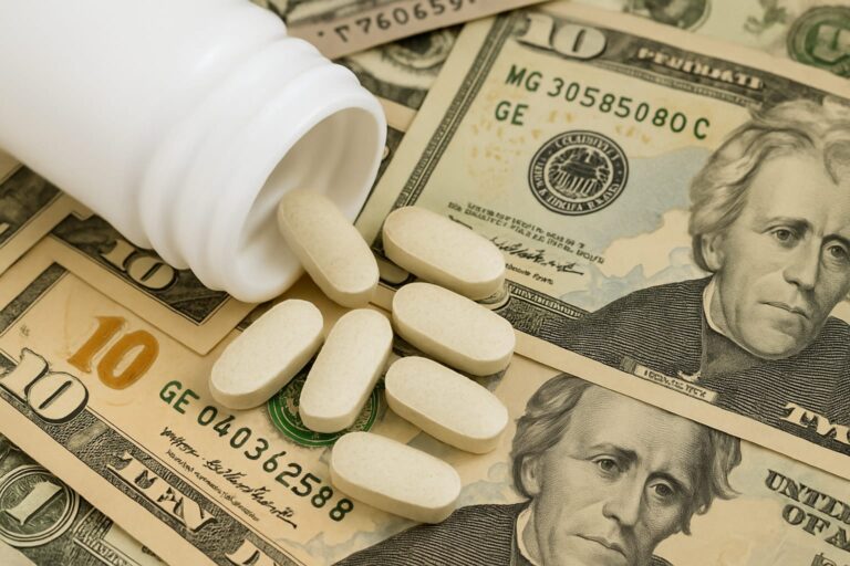 Infographic showing prescription drug prices comparison between the U.S. and other countries with Trump's plan symbolizing a price cut trend.