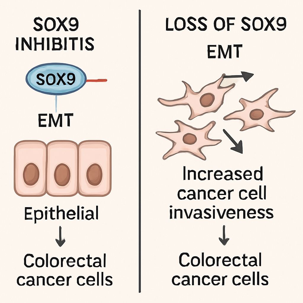 SOX9 gene inhibiting epithelial-mesenchymal transition (EMT) in colorectal cancer cells, illustrating its role in preventing cancer cell invasiveness