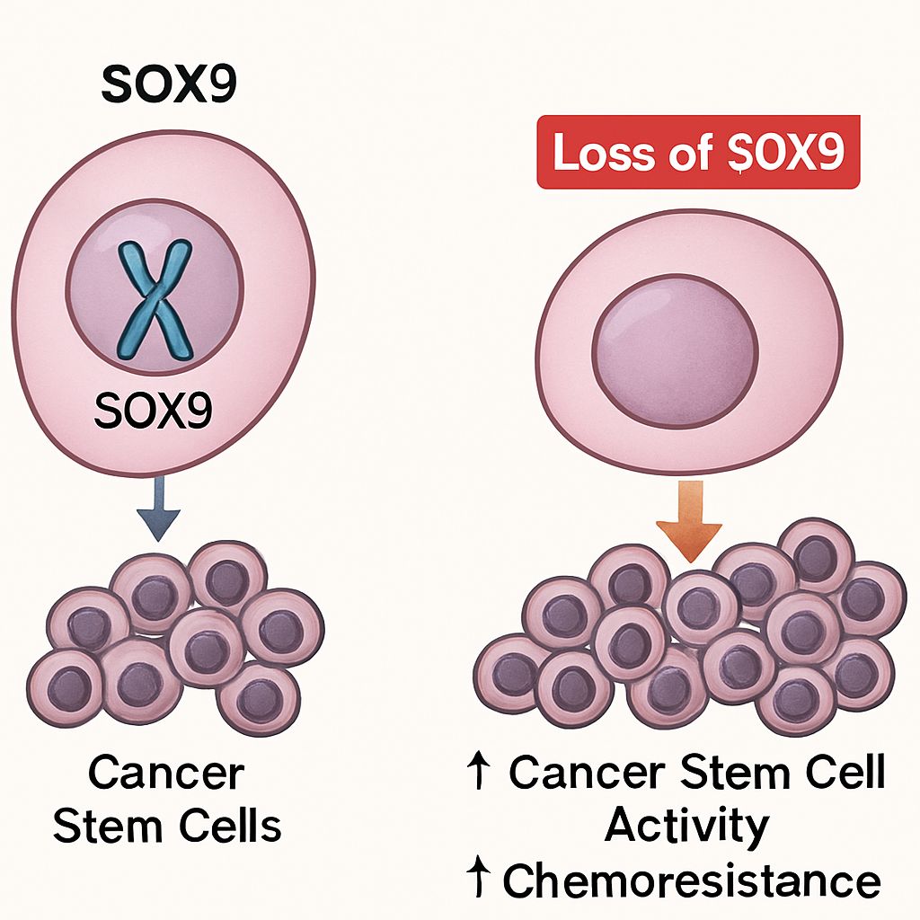 Molecular interaction between SOX9 and cancer stem cells in colorectal cancer, showing how loss of SOX9 enhances chemoresistance and cancer cell proliferation.