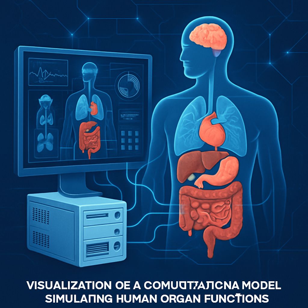 Visualization of a computational model simulating human organ functions, demonstrating advanced technology used to replicate human biology in biomedical research