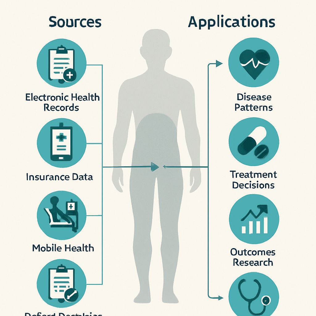 Infographic showcasing sources and applications of real-world data in biomedical research, highlighting its role in improving human health outcomes and guiding treatment decisions