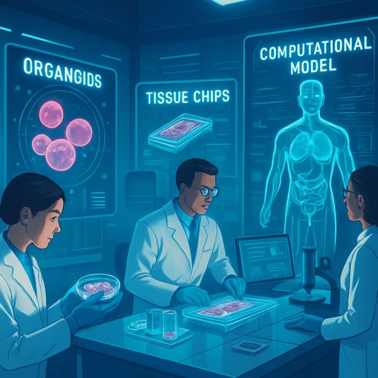 Scientists using organoids, tissue chips, and computational models in a high-tech lab to represent the NIH's human-based research initiative reducing animal testing in biomedical research