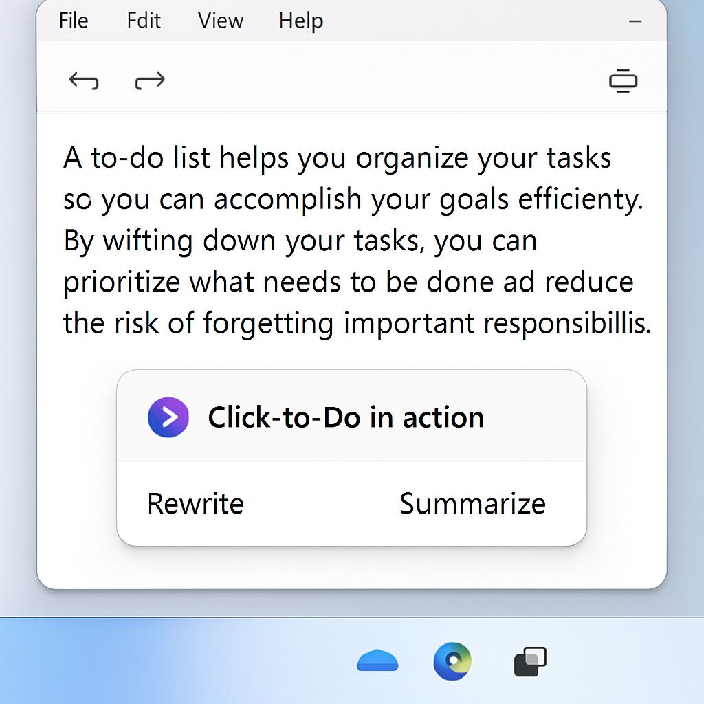 Windows 11 AI Update Click-to-Do feature displaying rewrite and summarize options in right-click menu