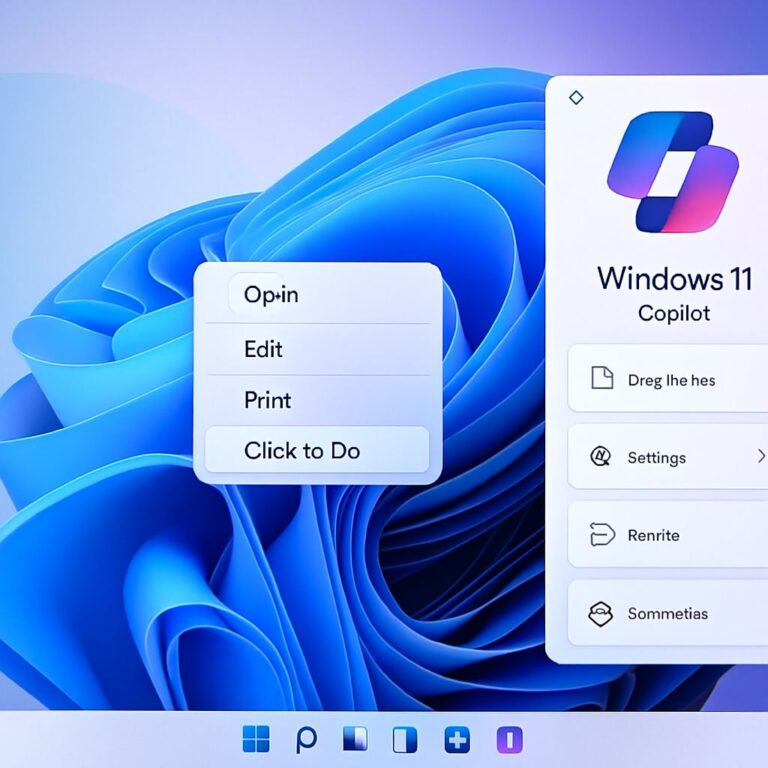 Windows 11 AI Update showcasing Copilot features, smart text actions, and the new AI-powered Settings assistant on desktop