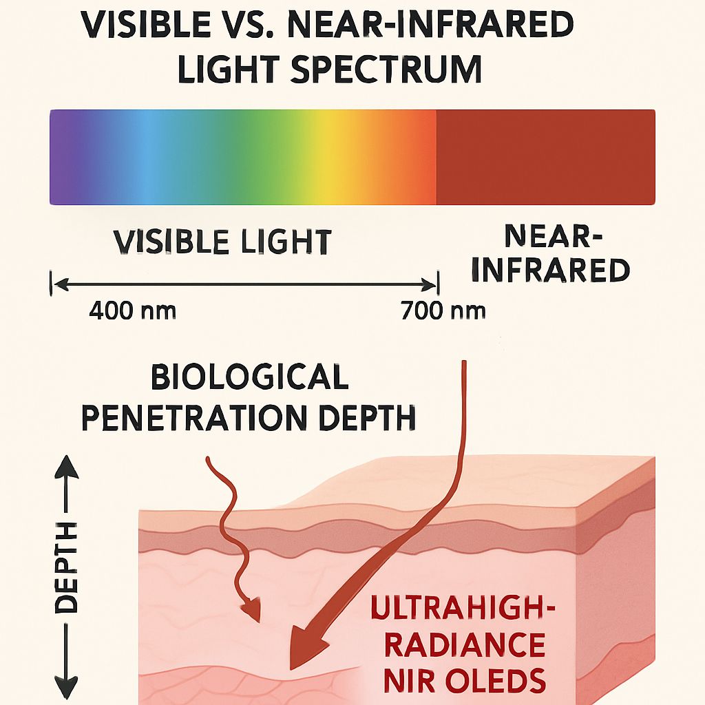 Infographic comparing visible and near-infrared light spectrum with biological penetration depth, highlighting Ultrahigh-Radiance NIR OLEDs applications
